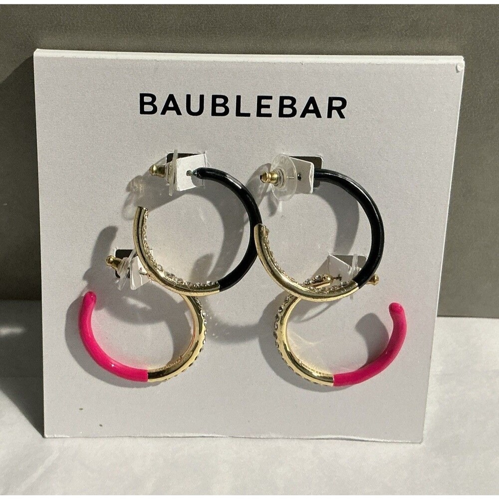 NEW Baublebar Pink & Black Enamel Hoops Gold Rhinestones 2 Pair